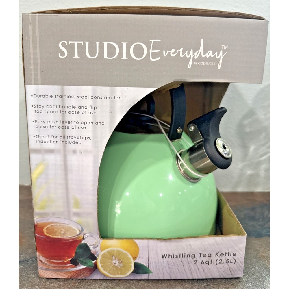 Studio Everyday Godinger Mint Green Whistling Tea Kettle 2.6 Qt Stainless Steel